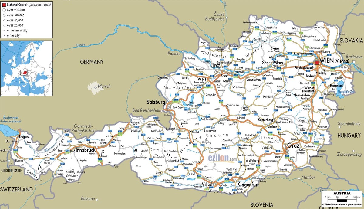 mapa detalhado da áustria, com as cidades