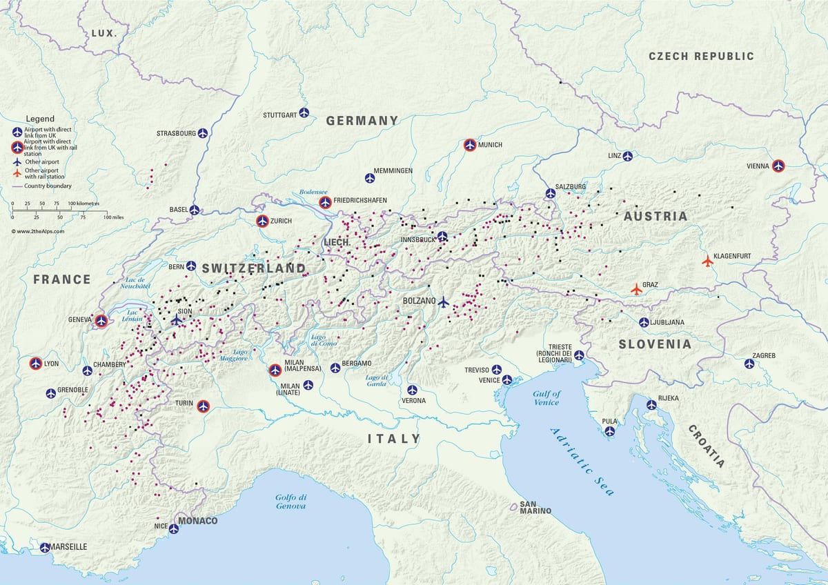 mapa da áustria estâncias de esqui de aeroportos