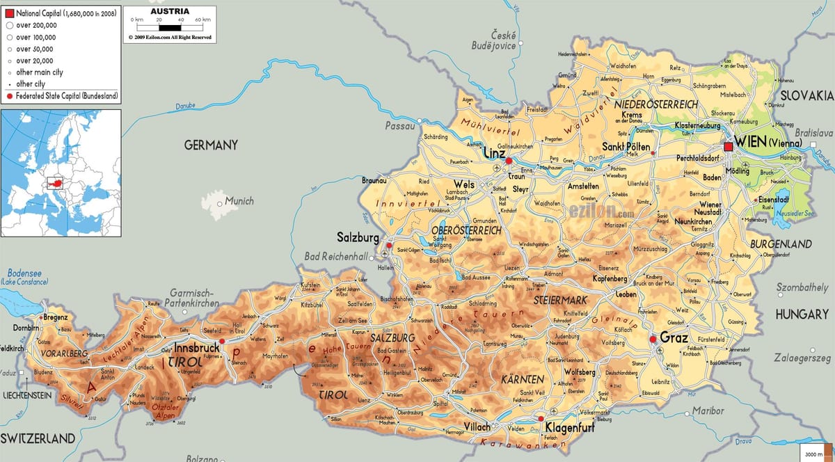 mapa físico, mapa da áustria