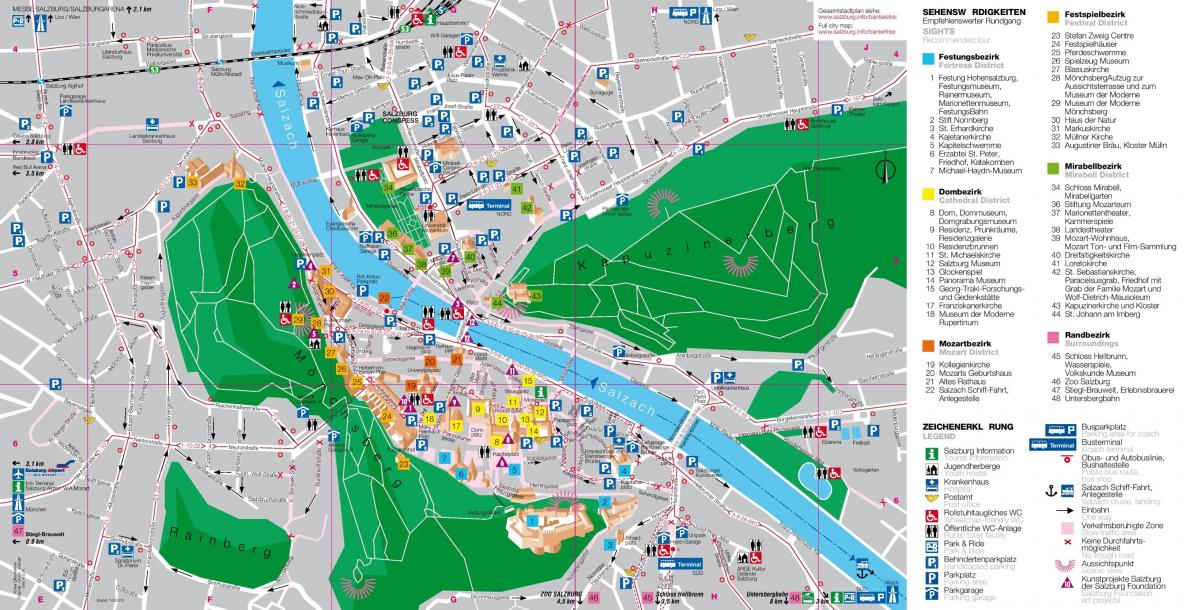 mapa do mapa turístico de salzburgo, na áustria