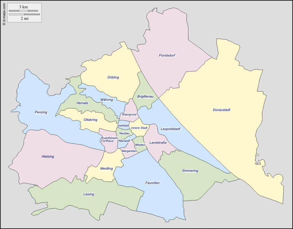 mapa do distrito de viena, áustria