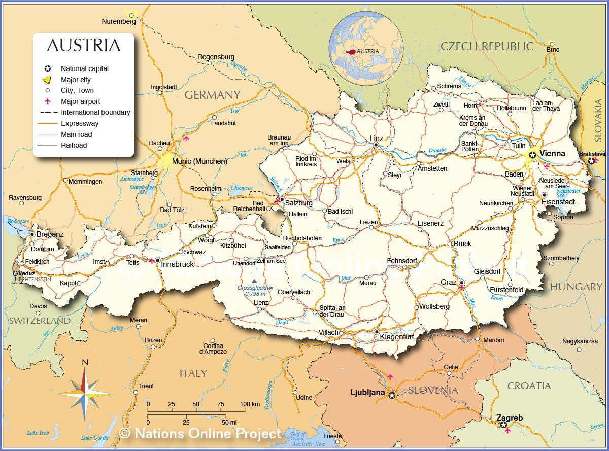 mapa da áustria, com as cidades e vilas